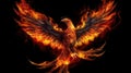 Burning bird phoenix isolated on black background. Bird phoenix. Generative Ai Royalty Free Stock Photo
