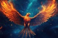 A burning bird phoenix in the night sky. Bird phoenix. Generative Ai