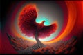 Burning bird phoenix in the volcanic landscape with red trees. Generative ai illustration