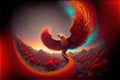 Burning bird phoenix in the volcanic landscape with red trees. Generative ai illustration Royalty Free Stock Photo