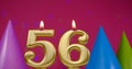 Burning birthday cake candle number 56. Happy Birthday background anniversary celebration concept. Birthday hat in the