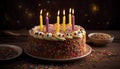 Burning birthday candles illuminate sweet chocolate cake generated by AI