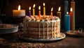 Burning birthday candles illuminate sweet dessert plate generated by AI