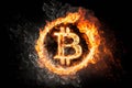 Burning Bitcoin on black background.