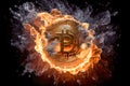 Burning bitcoin on a black background. Generative AI, Generative, AI Royalty Free Stock Photo
