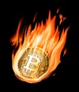 Burning bitcoin in flames on black background Royalty Free Stock Photo