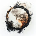 Burning Black Circle Frame with Smoke and Fire on White Background Royalty Free Stock Photo