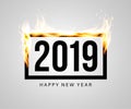 Burning black frame with 2019 inside. Congratulatory banner or greeting card template for New Year party. Vector Royalty Free Stock Photo