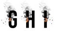 Burning black letters G, H, I. Smoke Font. Alphabet breaks down with small fire and smoke.