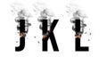 Burning black letters J, K, L. Smoke Font. Alphabet breaks down with small fire and smoke.