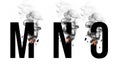 Burning black letters M, N, O. Smoke Font. Alphabet breaks down with small fire and smoke.