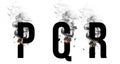 Burning black letters P, Q, R. Smoke Font. Alphabet breaks down with small fire and smoke.