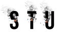 Burning black letters S, T, U. Smoke Font. Alphabet breaks down with small fire and smoke.