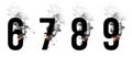 Burning black numbers 6, 7, 8, 9. Smoke Font. Alphabet breaks down with small fire and smoke.