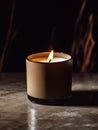 Burning black wax candle in dark magic atmospheric interior, front view candle mockup