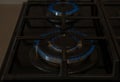 Burning blue gas on the dark stove. Burner gas stove, concept of energy. Closeup, selective focus Royalty Free Stock Photo