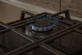 Burning blue gas on the dark stove. Burner gas stove, concept of energy. Closeup, selective focus Royalty Free Stock Photo