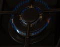 Burning blue gas on the dark stove. Burner gas stove, concept of energy. Closeup, selective focus Royalty Free Stock Photo