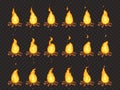 Burning bonfire animation. Hot fire, outdoor campfire and bonfires cartoon vector isolated sprites frames