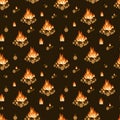 Burning bonfire, firewood and flames on dark brown background seamless pattern. Camping, hiking activity. Cartoon vector Royalty Free Stock Photo