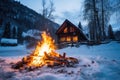 burning bonfire in front of a snow covered cabin Royalty Free Stock Photo