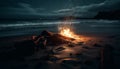 Burning bonfire on sandy beach at dusk generated by AI