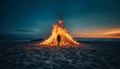 Burning bonfire on sandy beach at dusk generated by AI