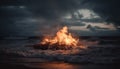 Burning bonfire on sandy beach at dusk generated by AI