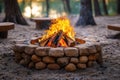 Burning bonfire in stone fire pit at sunset Royalty Free Stock Photo