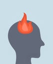 Burning brain or professional or emotional burnout. burning human head silhouette
