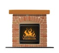 Burning Brick Fireplace with Fire Inside. Traditional Classic Chimney with Metal Stove and Grate. Home Heating System Royalty Free Stock Photo