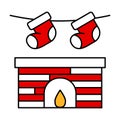 Burning brick fireplace with red socks for gifts from santa claus. An element for the celebration. Editable Christmas