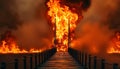 Burning bridge on fire, bridge disaster, structure fire, emergency situation, bridge flames Generative AI Royalty Free Stock Photo