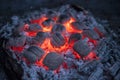 Burning briquettes in the evening light