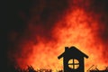 Burning building. Fire. Wirfire. Burning house at night, roof of building in flames and smoke. Royalty Free Stock Photo