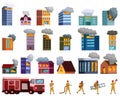 Burning building icons set cartoon vector. Fire house