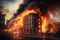 Burning buildings in the city during a strong fire. Conceptual image. American large building is on fire and firefighters are