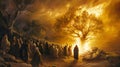 The burning bush, with Moses standing before the bush, which is ablaze but not consumed, and God Royalty Free Stock Photo