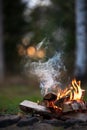 Burning campfire, birch forest in the background