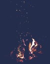 Burning campfire fire with flying sparks on dark background, vertical image