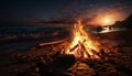 Burning campfire glows in tranquil dusk, nature glowing heat generated by AI