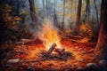 Burning campfire painting in the middle of forest. Generate ai