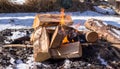 Burning campfire during winter picnic