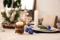 Burning candle on beautiful table setting for Christmas dinner Royalty Free Stock Photo