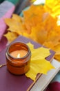 Burning candle, books and dry leaves, above view. Autumn atmosphere Royalty Free Stock Photo