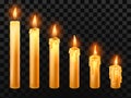 Burning candle. Burn church candles, wax fire and xmas candle isolated realistic vector objects set Royalty Free Stock Photo