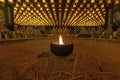 Burning candle in Burner pot with and incense sticks in japanese cave temple. Royalty Free Stock Photo