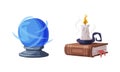 Burning candle in candlestick and fortune teller magic crystal ball. Witchcraft attributes, halloween objects cartoon Royalty Free Stock Photo