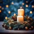 Burning candle and Christmas decoration over snow and wooden background, elegant low-key shot with festive mood Royalty Free Stock Photo