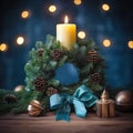 Burning candle and Christmas decoration over snow and wooden background, elegant low-key shot with festive mood Royalty Free Stock Photo